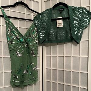 BEBE Green Sequin Butterfly Top & Sequin Crochet Bolero Shrug Set NWT